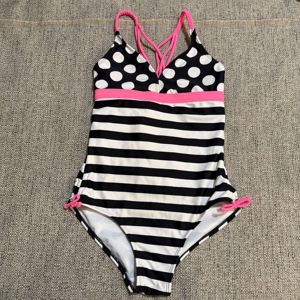 SO Kohl’s Girls Black White Striped Polka Dot One Piece Swimsuit Pink 16